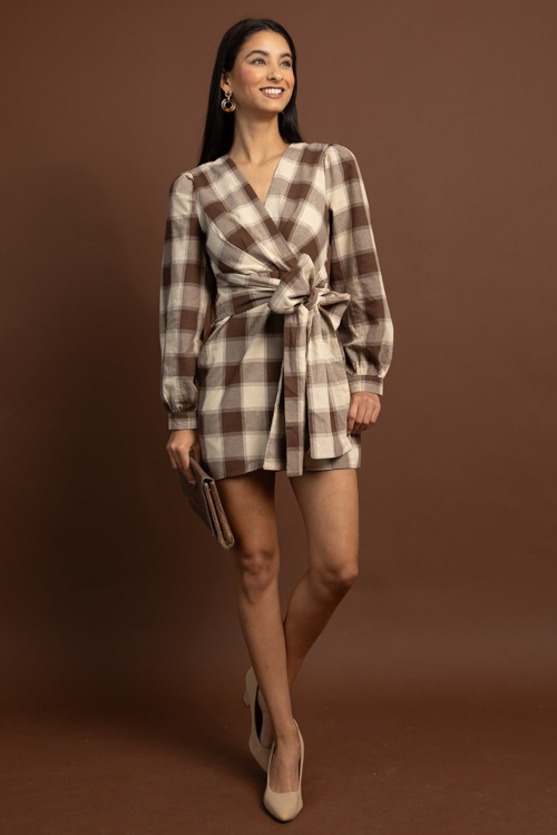 Plaid Tie Waist Dress, Brown - 1027-85.jpg