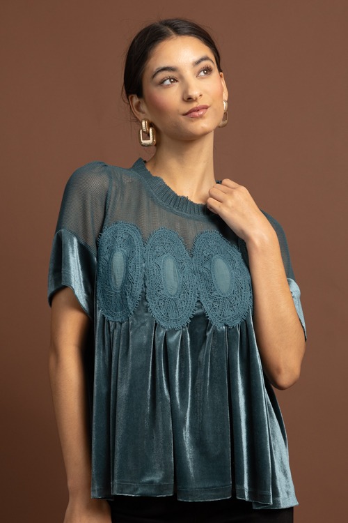 Velvet Lace Detail Top, Teal