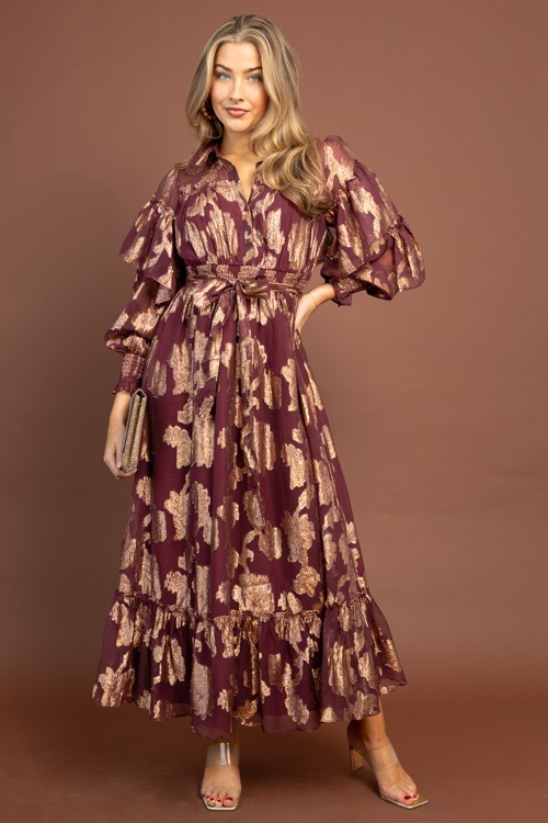Metallic Floral Chiffon Maxi, Burgundy