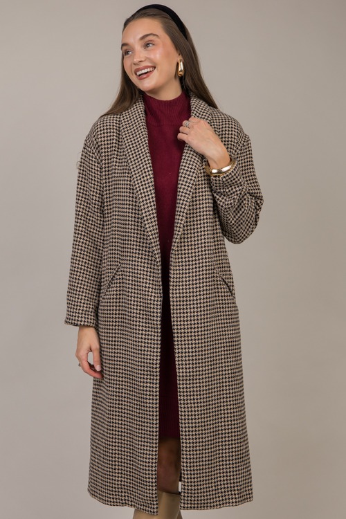 Houndstooth Long Coat, Beige