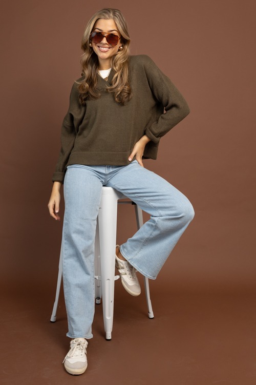 Relaxed V-Neck Sweater, Olive - 1030-49h.jpg