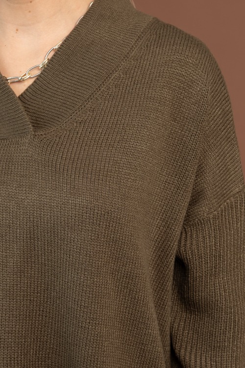Relaxed V-Neck Sweater, Olive - 1030-50.jpg