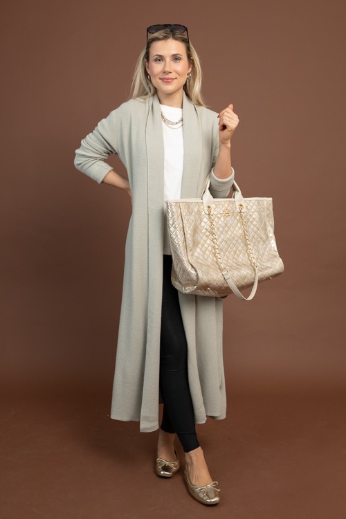 Waffle Knit Long Cardigan, Sage
