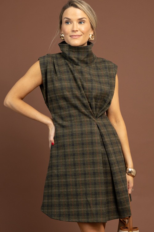 Plaid Mock Neck Dress, Olive