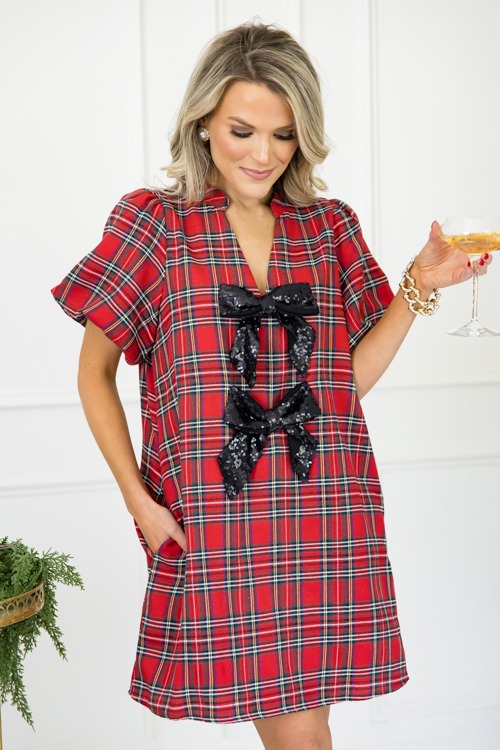 Sequin Bow Tartan Dress, Red - 1101-162.jpg