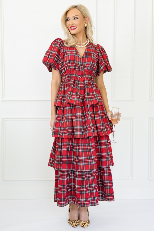 Tartan Ruffle Tier Maxi, Red