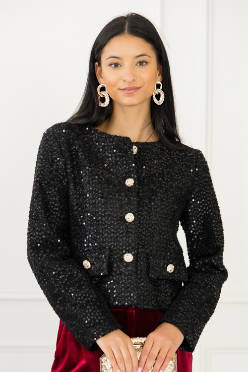 Gold Button Sequin Jacket, Black