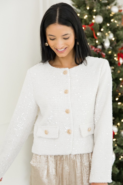 Gold Button Sequin Jacket, Cream