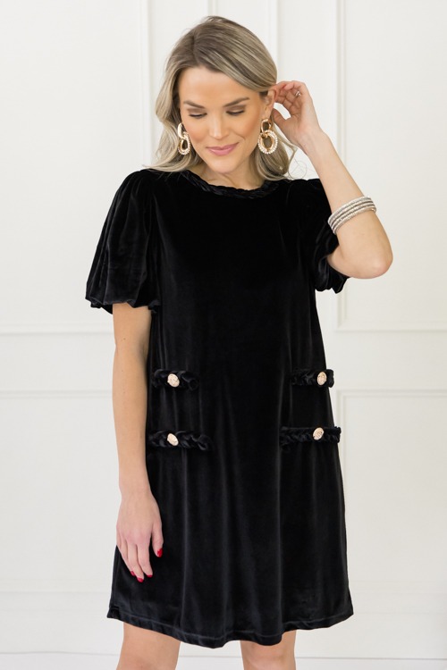 Braided Trim Velvet Dress, Black