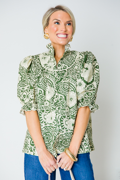 Ruffle Collar Floral Top, Olive