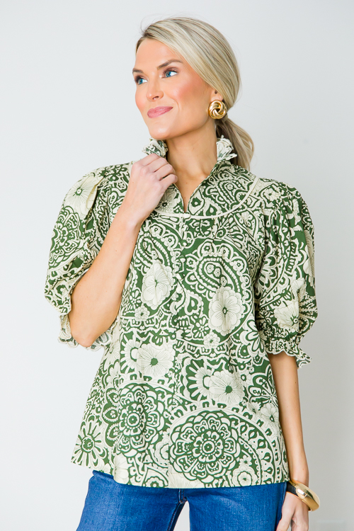 Ruffle Collar Floral Top, Olive