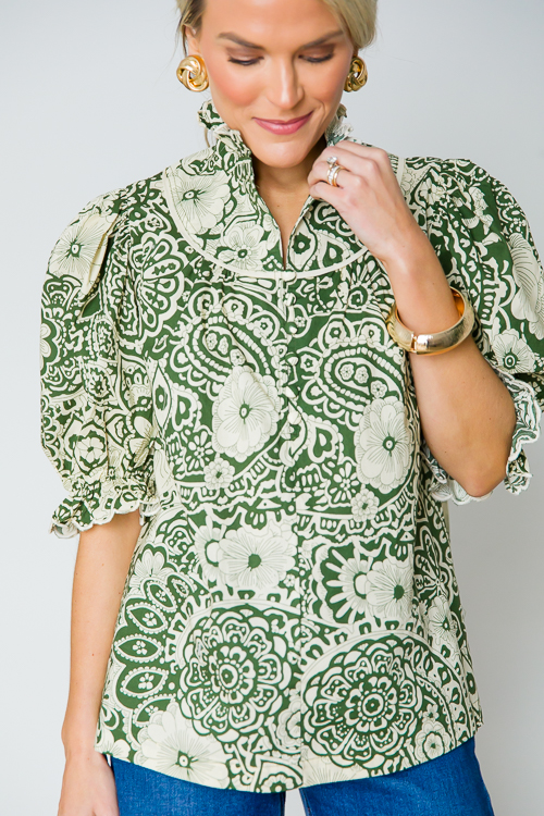 Ruffle Collar Floral Top, Olive