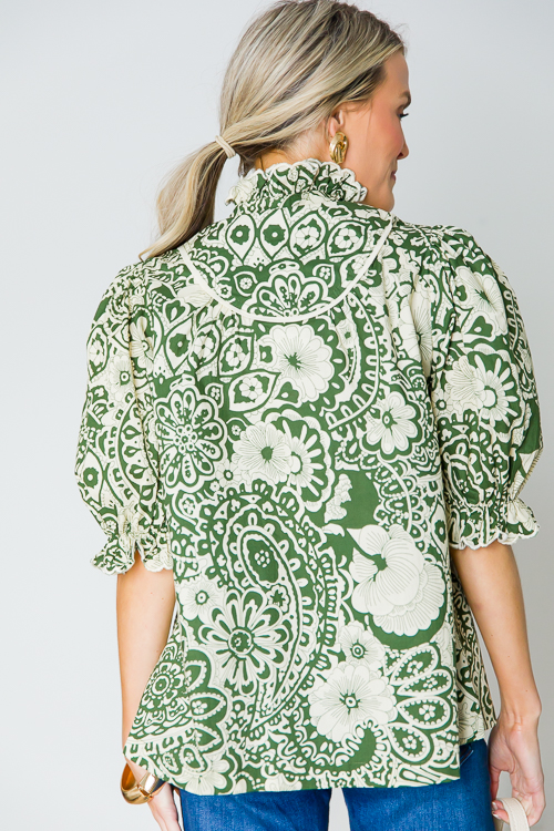 Ruffle Collar Floral Top, Olive