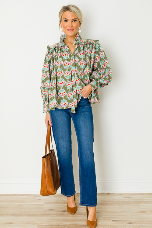 Paris Floral Ruffle Top, Olive