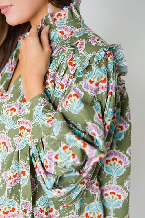 Paris Floral Ruffle Top, Olive