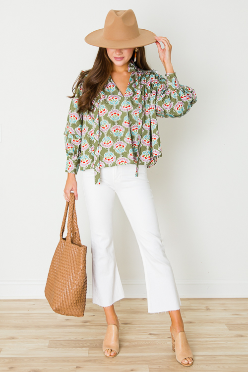 Paris Floral Ruffle Top, Olive