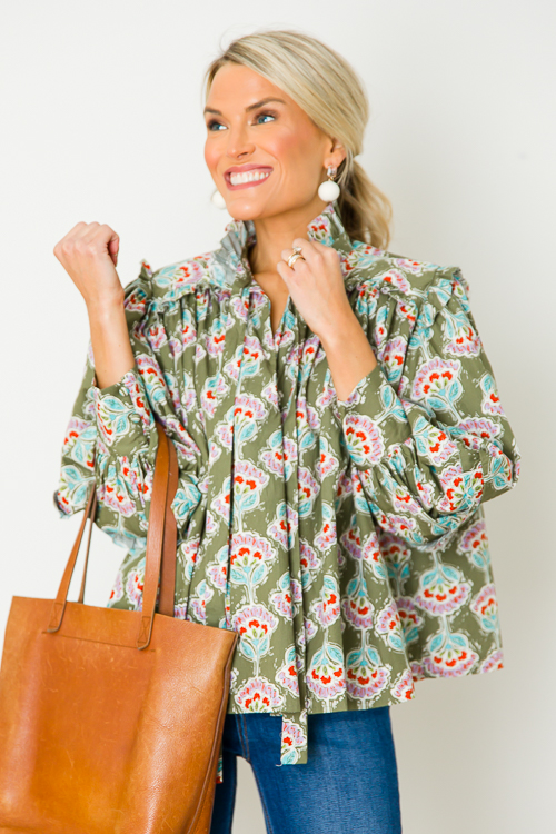 Paris Floral Ruffle Top, Olive
