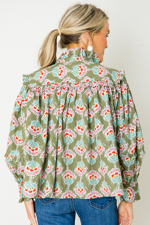 Paris Floral Ruffle Top, Olive