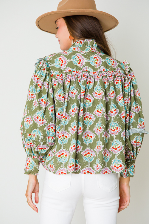 Paris Floral Ruffle Top, Olive