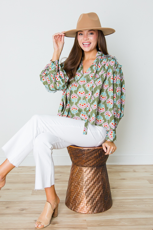 Paris Floral Ruffle Top, Olive
