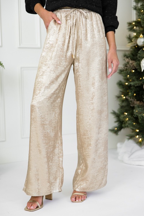 Metallic Pull-On Pants, Brass