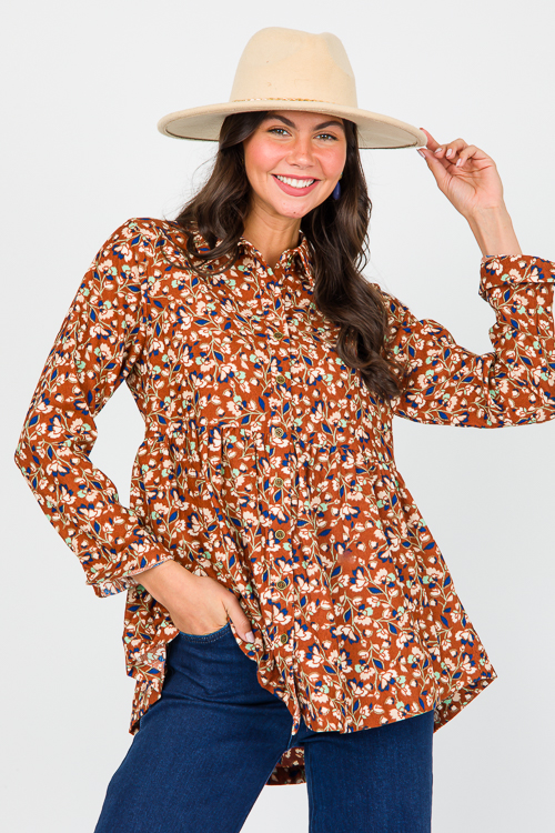 Floral Button Babydoll Top, Brown