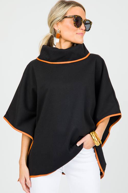 Leather Trim Poncho, Black