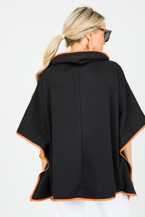 Leather Trim Poncho, Black