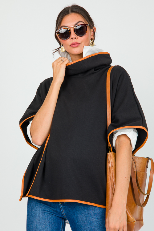 Leather Trim Poncho, Black