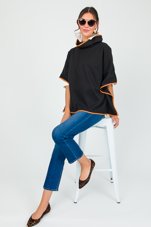 Leather Trim Poncho, Black