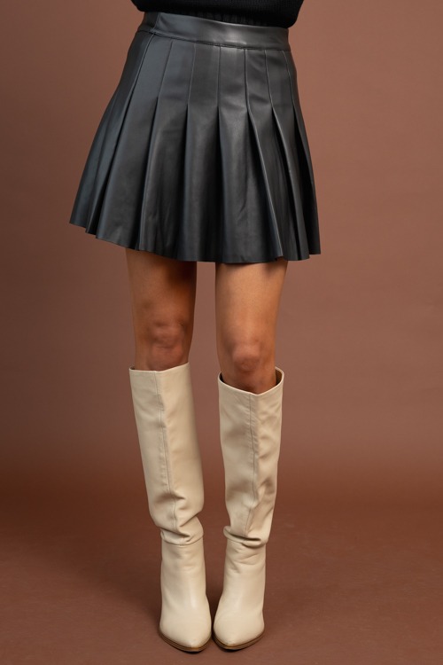 Pleated Leather Mini Skirt, Black