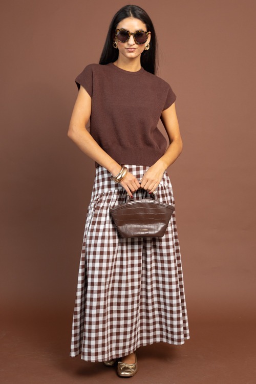 Gingham Check Maxi Skirt, Brown