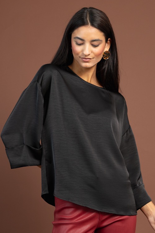 Cuff Sleeve Satin Blouse, Black