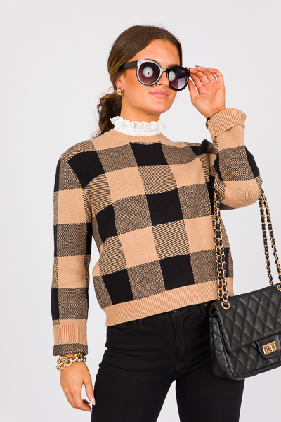 Ruffle Neck Check Sweater, Tan/Black