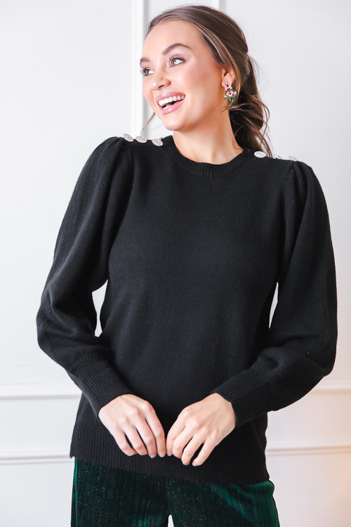 Jeweled Button Sweater, Black