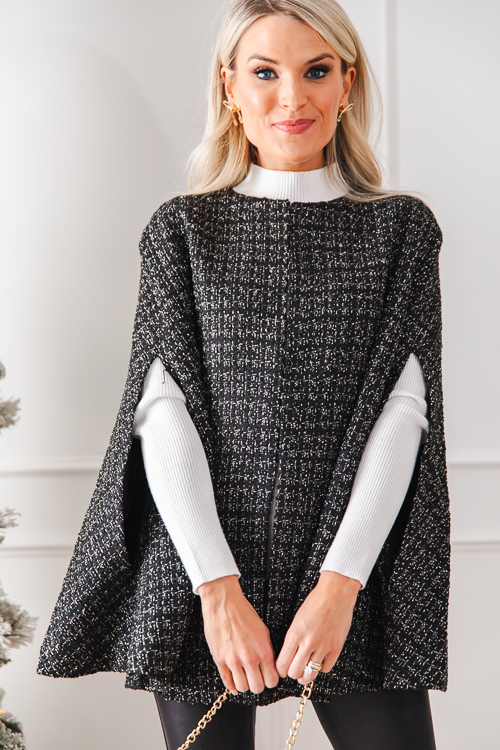 Metallic Tweed Cape, Black