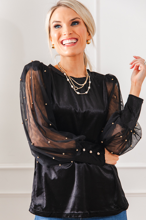 Stud Sleeve Velvet Top, black