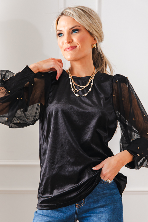 Stud Sleeve Velvet Top, black