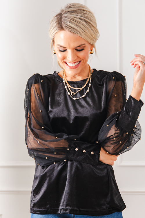 Stud Sleeve Velvet Top, black