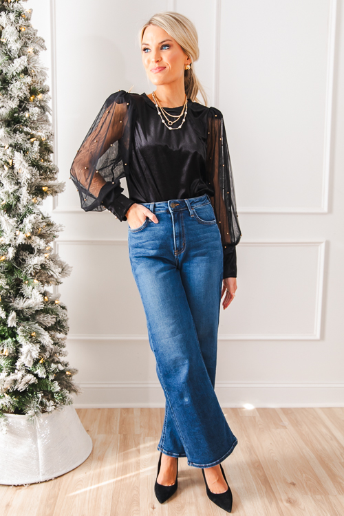 Stud Sleeve Velvet Top, black