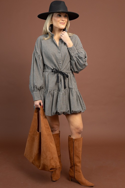 Gingham Draw Waist Dress, Black - 1103-92p.jpg