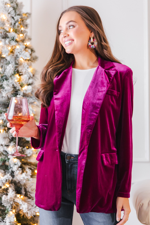 Single Button Velvet Blazer, Magenta