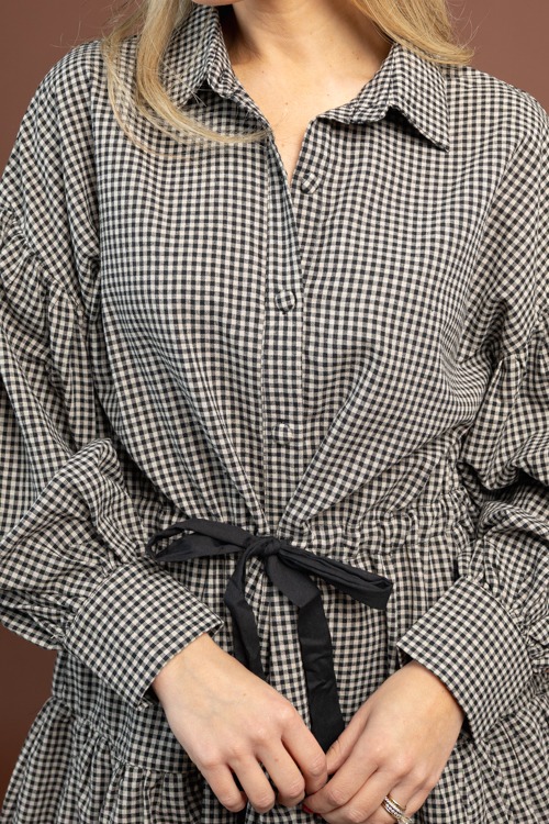 Gingham Draw Waist Dress, Black - 1103-98.jpg