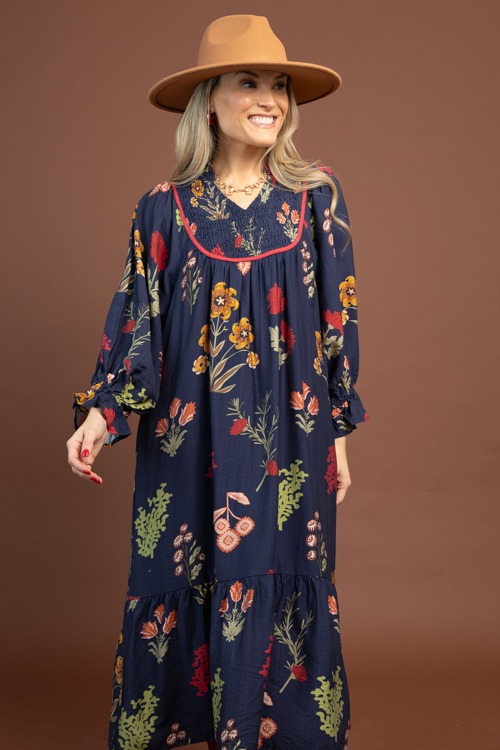 Floral Smock Yoke Midi, Midnight