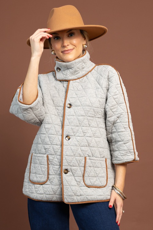 Suede Trim Quilted Jacket, Grey