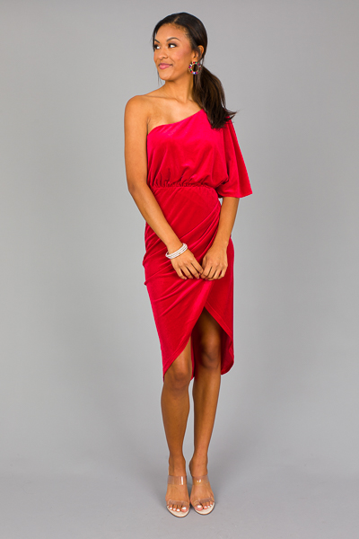 Jane Velvet One Shoulder Dress, Red