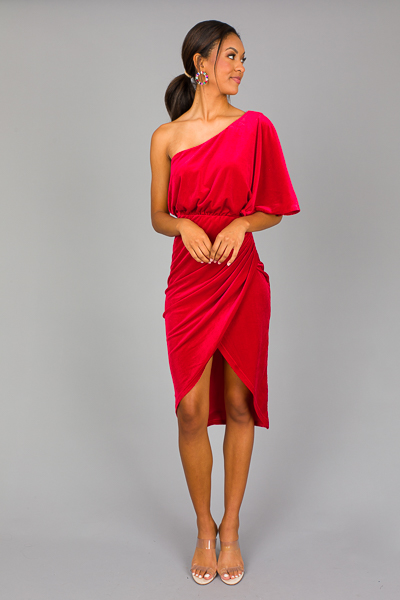 Jane Velvet One Shoulder Dress, Red