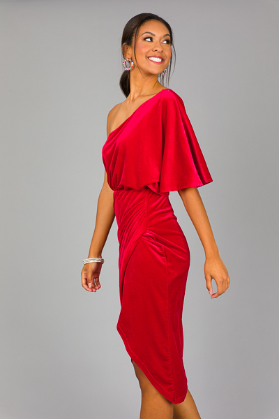 Jane Velvet One Shoulder Dress, Red