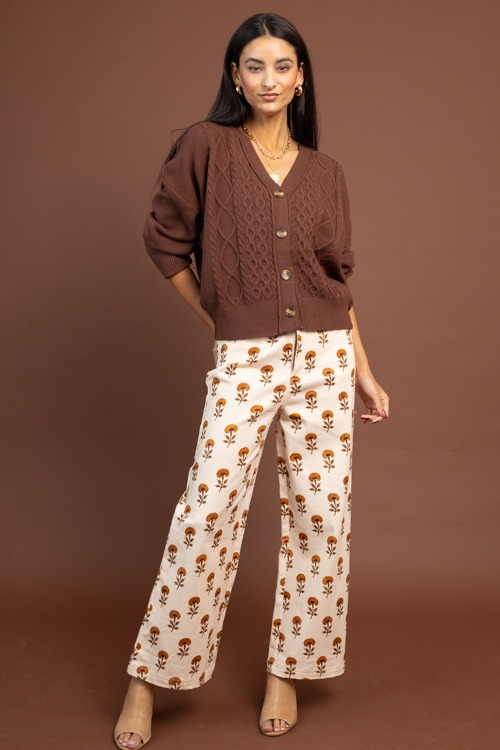 Cable Knit Button Cardi, Brown