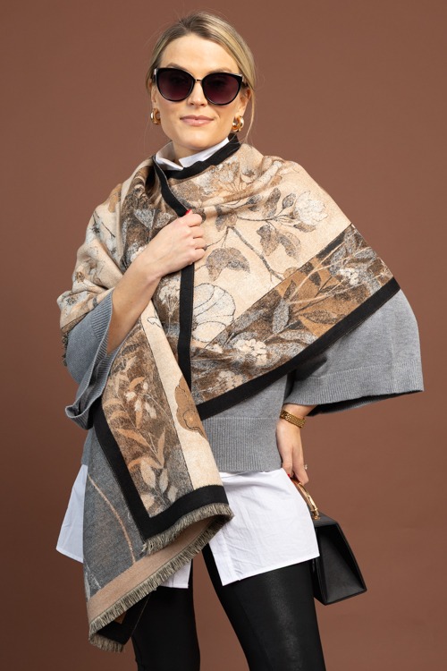 Vintage Floral Scarf, Khaki Beige